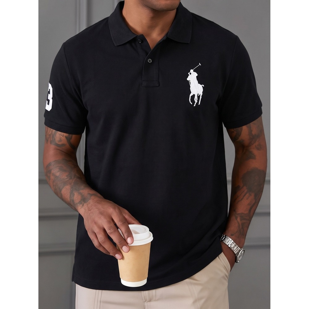 Polo Ralph Lauren Polo Shirt Mens XXL Black Big Pony Custom Slim Fit 3 Patch